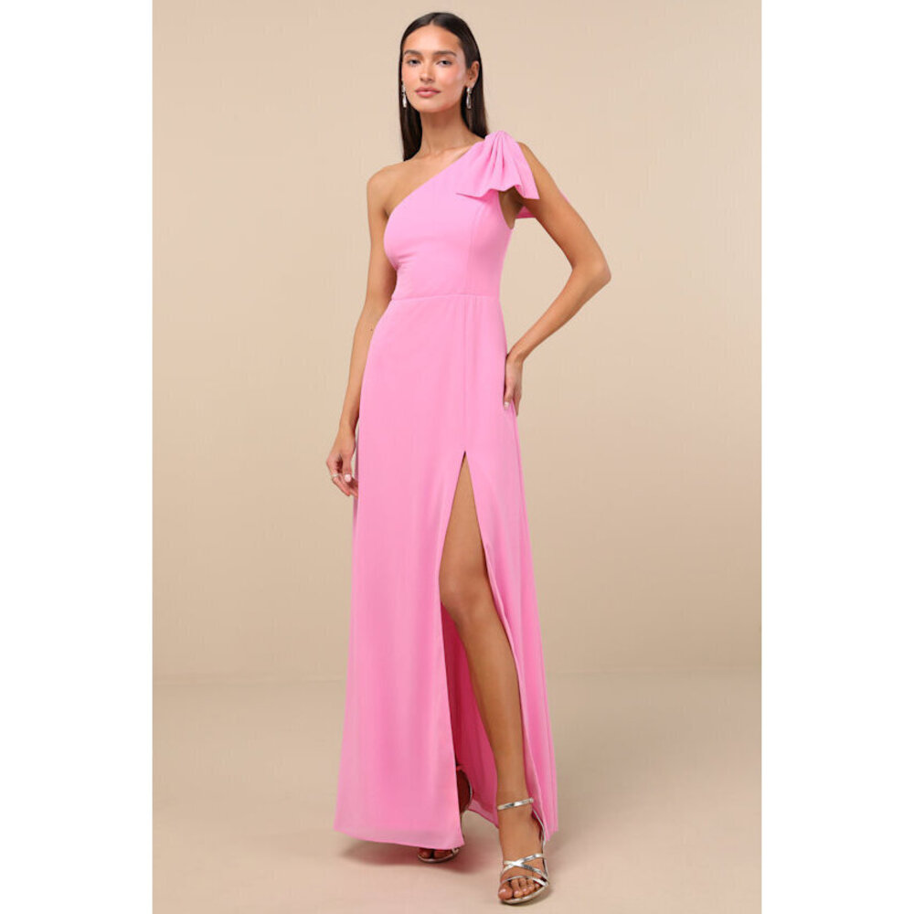 Lulus Simply Brilliant Pink One-shoulder Bow Maxi Dress - Size S TAGS STILL ON!